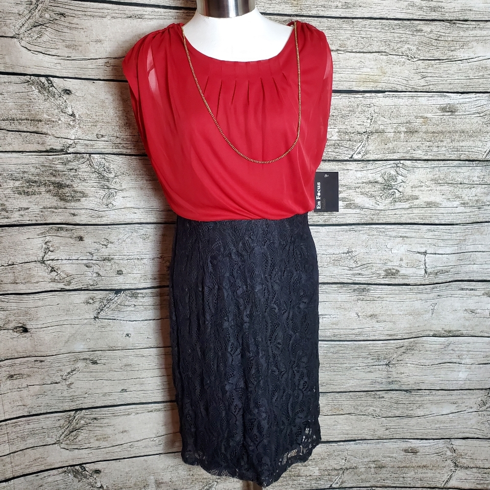 Womens NWT EnFocus Pencil Dress Solid & Lace 6 Dark Red & Black.Pit to pit app